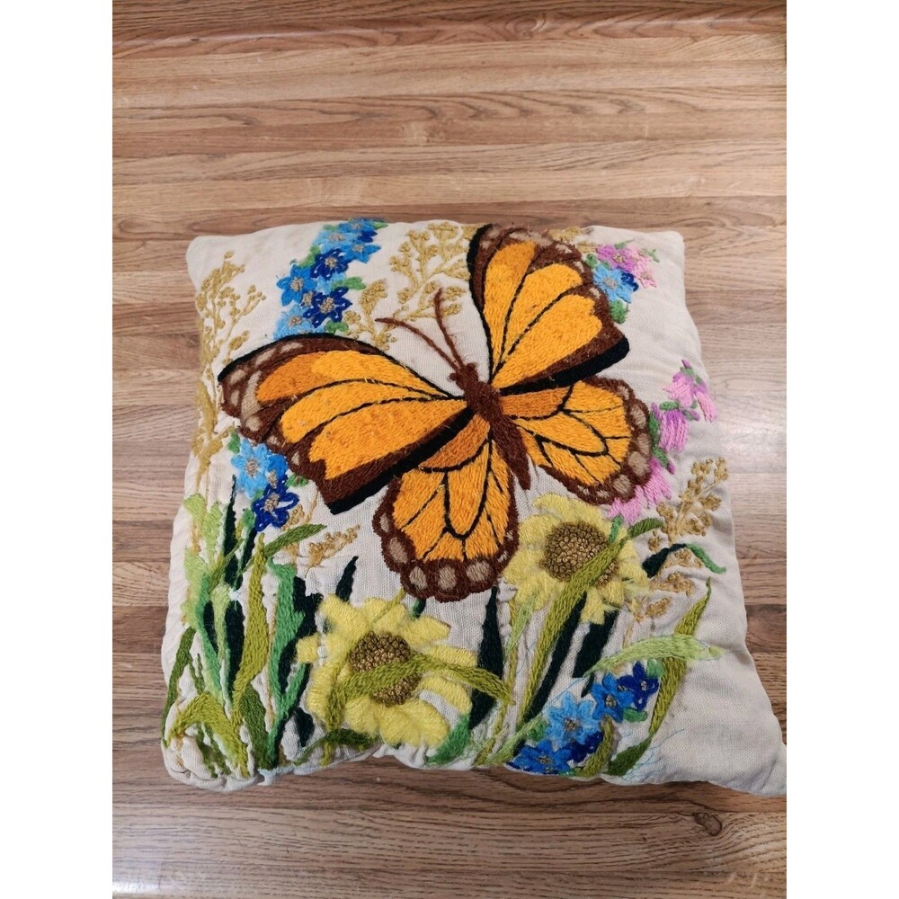Vintage Handmade Crewel Embroidery Throw Pillow W/Butterfly READ DESCRIPTION